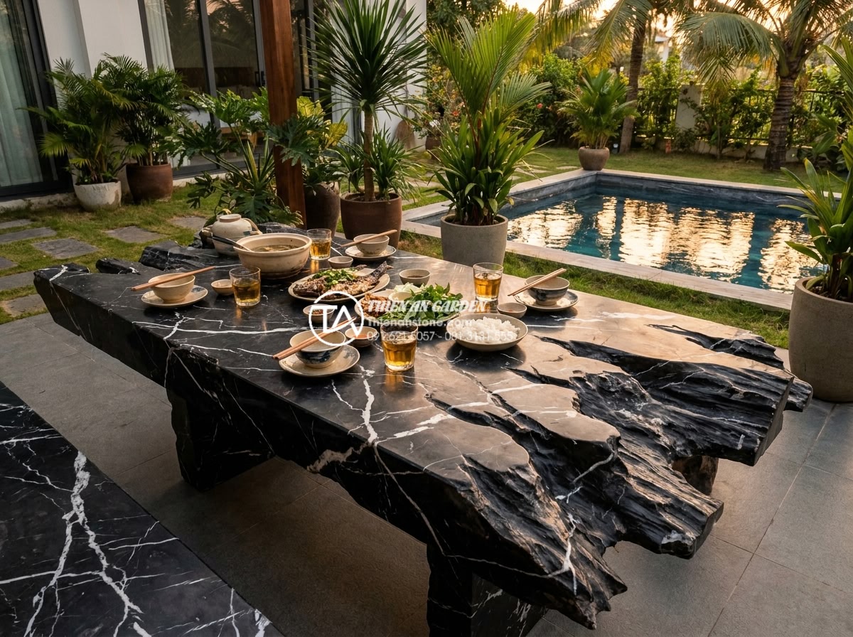 Báo giá bàn ghế đá tự nhiên nguyên khối mới nhất - Cập nhật 2026 - Professional photograph of a happy Vietnamese family enjoying a meal at a beauti