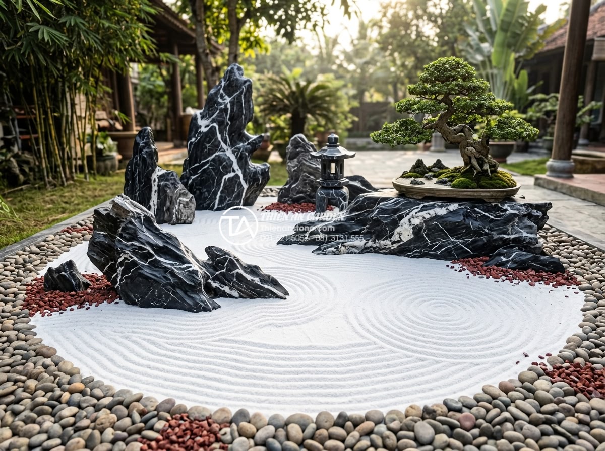Báo giá đá cuội, đá hạt lựu và cát thạch anh làm tiểu cảnh thiền 2026 - Professional wide-angle photograph of a complete Zen garden installation with pr