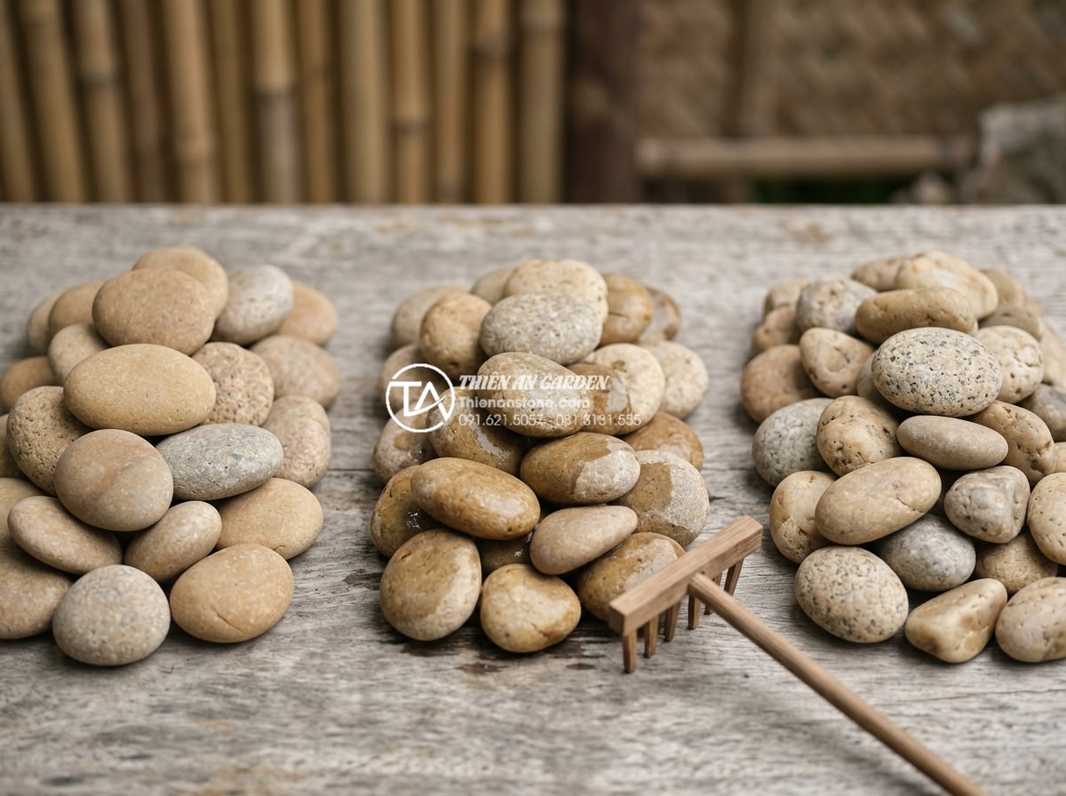 Báo giá đá cuội, đá hạt lựu và cát thạch anh làm tiểu cảnh thiền 2026 - Realistic professional photograph comparing three Zen garden material samples si