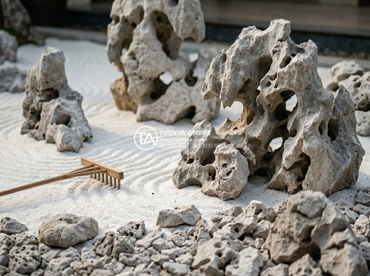 Báo giá đá cuội, đá hạt lựu và cát thạch anh làm tiểu cảnh thiền 2026 - Artistic high-resolution photograph of a master craftsman using traditional wood