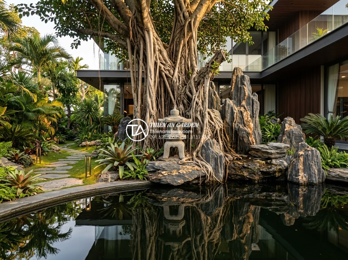 Báo giá thi công tiểu cảnh cây ôm đá trọn gói mới nhất 2026 - Aerial drone photorealistic shot of a sprawling 5-star resort garden in Da Nang