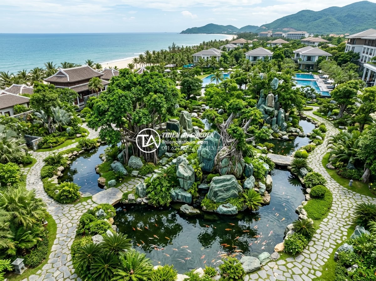 Báo giá thi công tiểu cảnh cây ôm đá trọn gói mới nhất 2026 - Comparison style professional photography showing side-by-side images of a high-