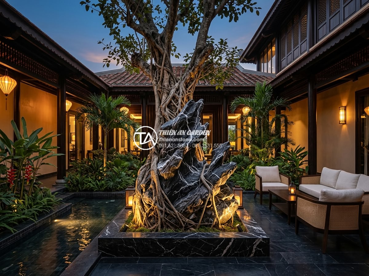 Báo giá thi công tiểu cảnh cây ôm đá trọn gói mới nhất 2026 - Photorealistic interior view of a high-end Vietnamese villa courtyard at dusk fe