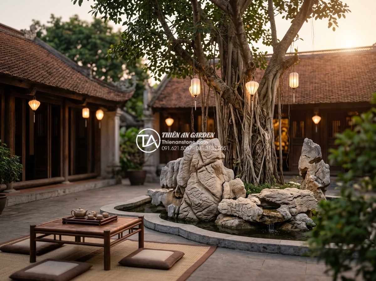 Báo giá thi công tiểu cảnh cây ôm đá trọn gói mới nhất 2026 - Serene evening scene of a traditional Vietnamese courtyard with a beautifully li