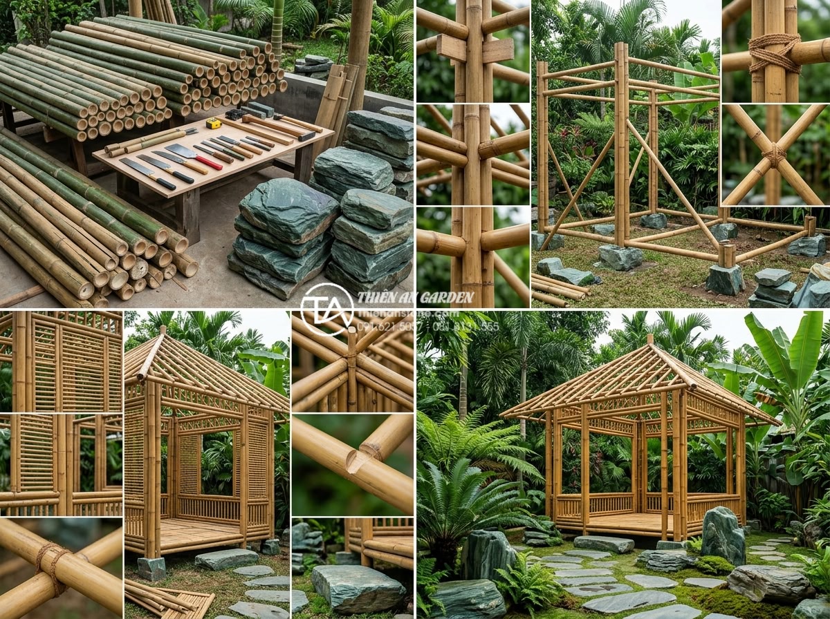 Báo giá thi công tiểu cảnh ống tre trọn gói mới nhất 2026 - Time-lapse style image sequence of professional bamboo landscape construction st