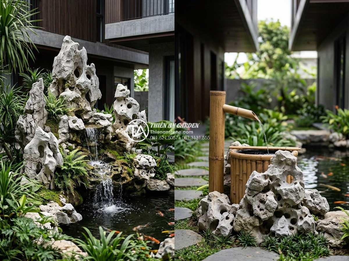 Báo giá thi công tiểu cảnh ống tre trọn gói mới nhất 2026 - Hybrid bamboo and natural stone water feature comparison photo highlighting cost