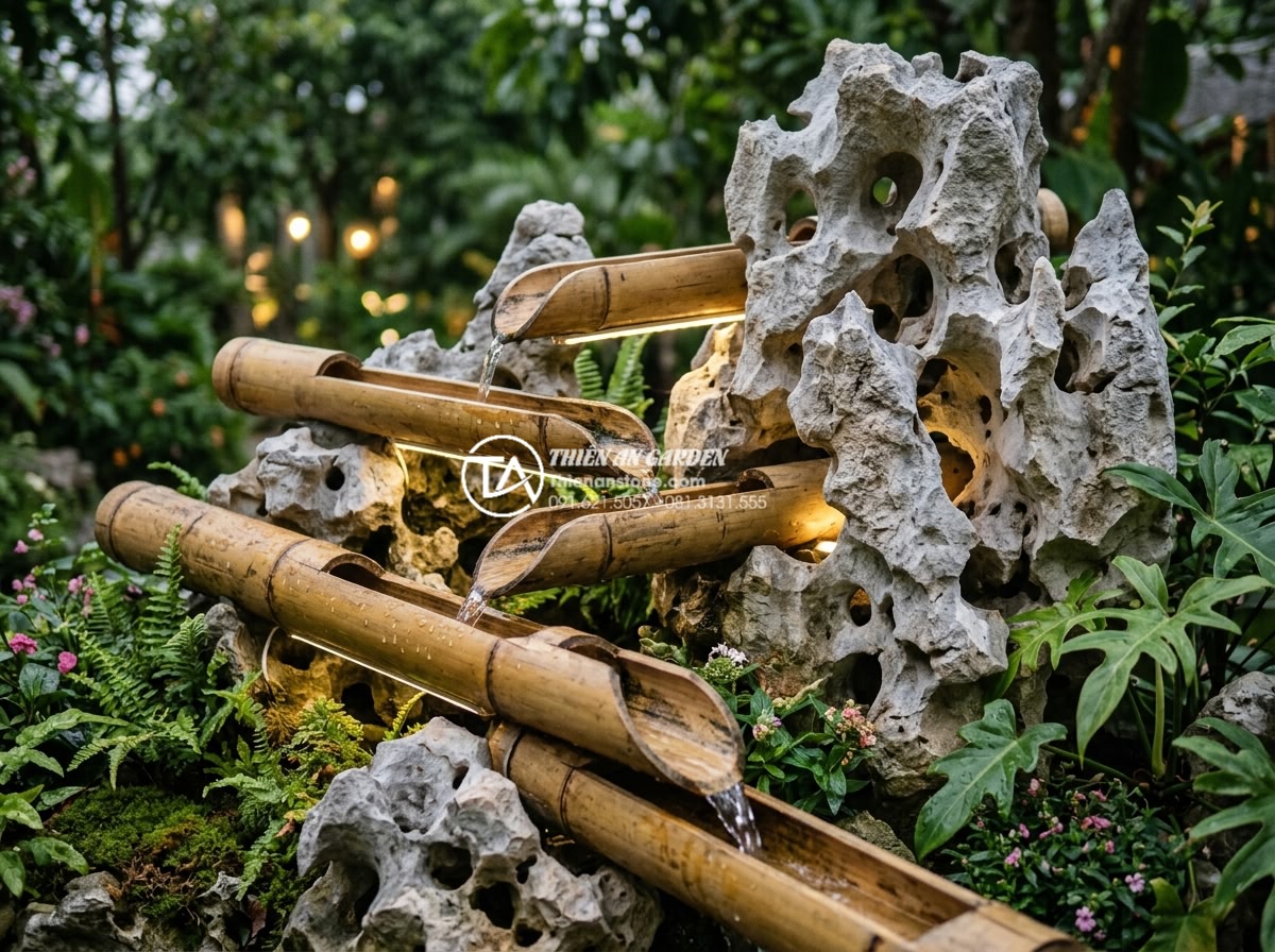Báo giá thi công tiểu cảnh ống tre trọn gói mới nhất 2026 - Close-up realistic image of bamboo pipes carved and arranged in artistic waterfa