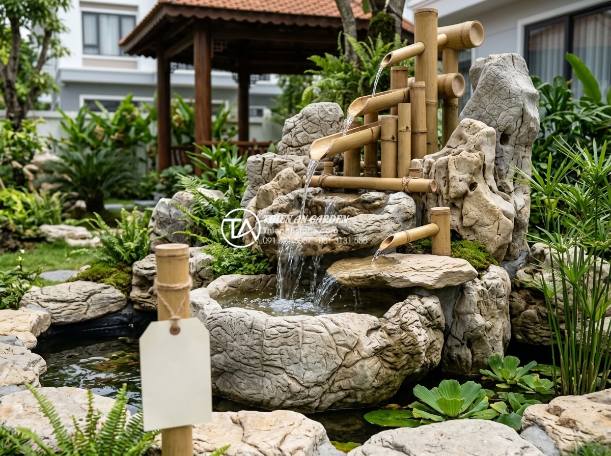 Báo giá thi công tiểu cảnh ống tre trọn gói mới nhất 2026 - Happy customer testimonial style image with completed high-end bamboo water feat