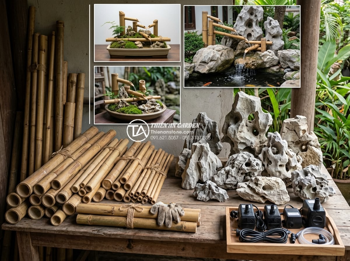 Báo giá thi công tiểu cảnh ống tre trọn gói mới nhất 2026 - Realistic table and breakdown image of 2026 bamboo tube landscape cost component