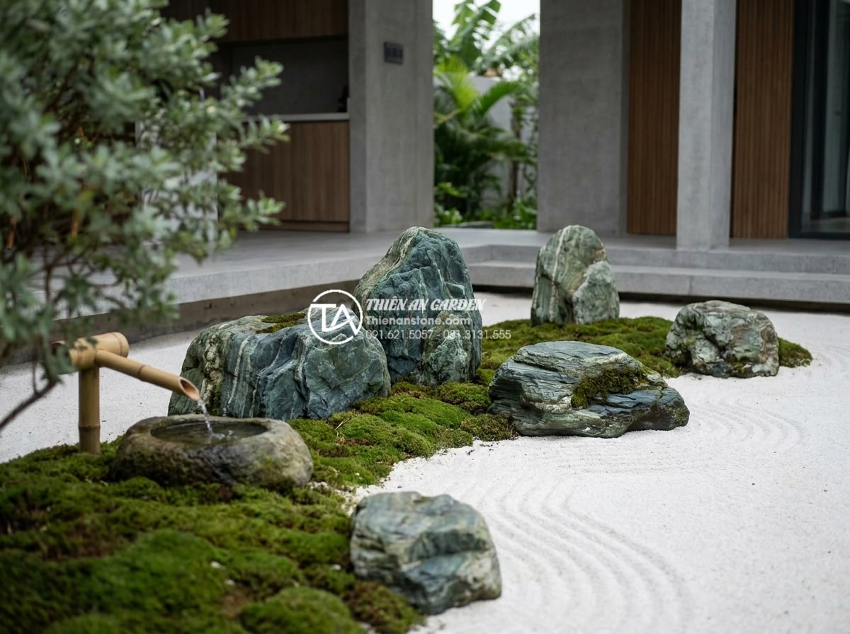 Báo giá thi công tiểu cảnh thiền trọn gói chuyên nghiệp 2026 - A serene Japanese-style Zen garden featuring large natural granite boulders, smo