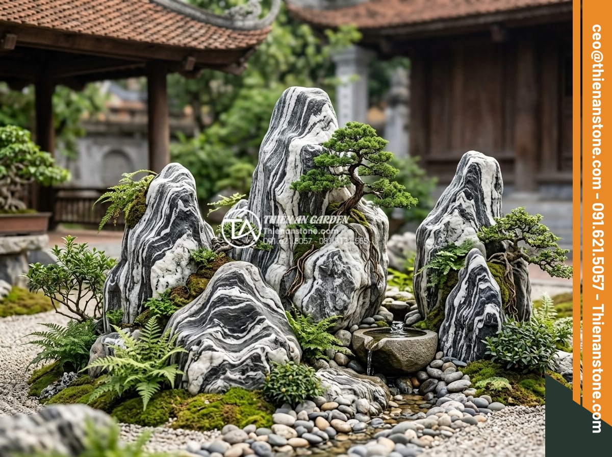 Bí quyết chọn đá Tuyết Sơn làm tiểu cảnh cây ôm đá chuẩn phong thủy - Hình 4 Bí quyết chọn đá Tuyết Sơn làm tiểu cảnh cây ôm đá chuẩn phong thủy - Detailed realistic rendering of multiple Tuyet Son stones of various sizes arran