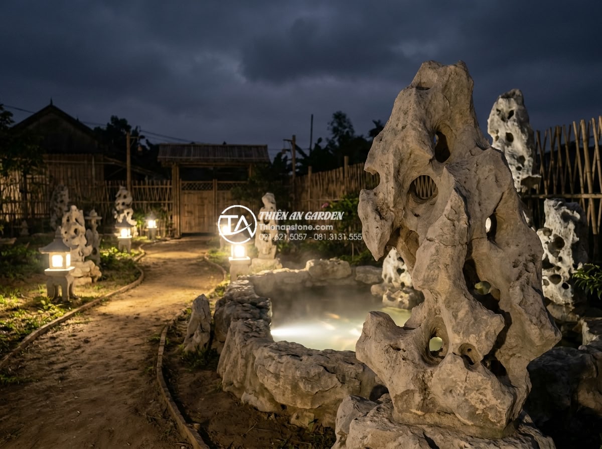 Bí quyết chọn đèn sân vườn chiếu sáng tiểu cảnh làng quê vào ban đêm - Nighttime scene of a traditional Vietnamese rural village garden featuring warm