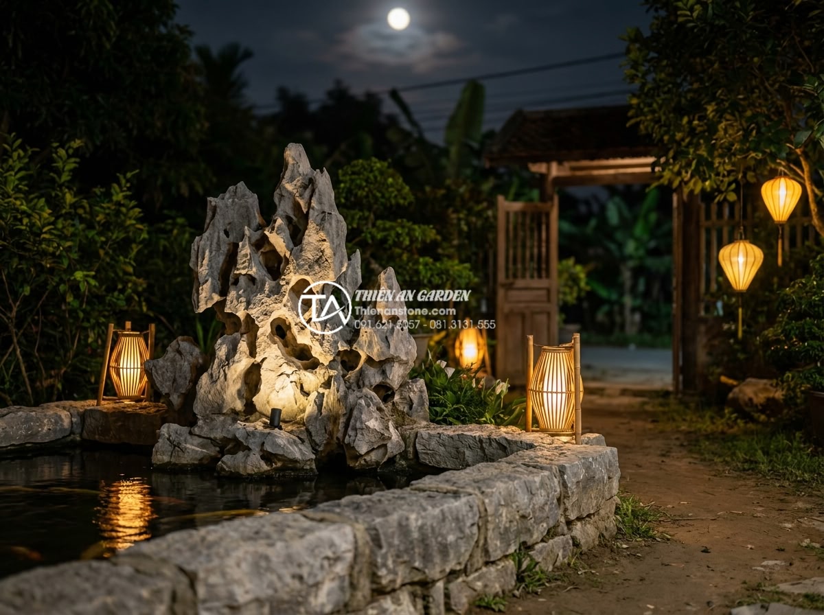 Bí quyết chọn đèn sân vườn chiếu sáng tiểu cảnh làng quê vào ban đêm - Hình 8 Bí quyết chọn đèn sân vườn chiếu sáng tiểu cảnh làng quê vào ban đêm - Harmonious nighttime composition of natural stone non-bo sculpture illuminated b