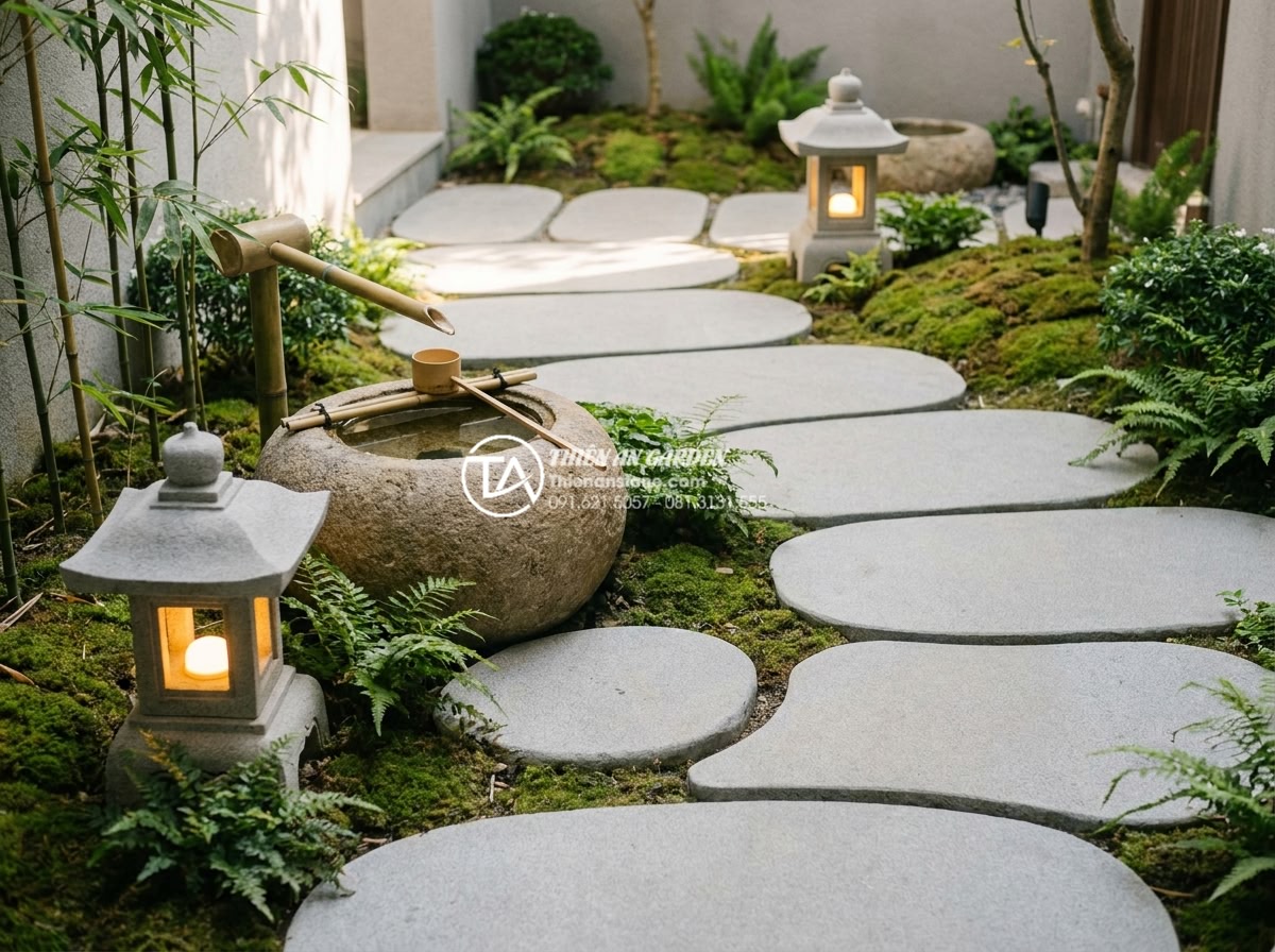 Bồn nước Tsukubai và đèn đá: Linh hồn của tiểu cảnh thiền Nhật Bản - Harmonious Zen garden composition featuring both a Tsukubai water basin and illu