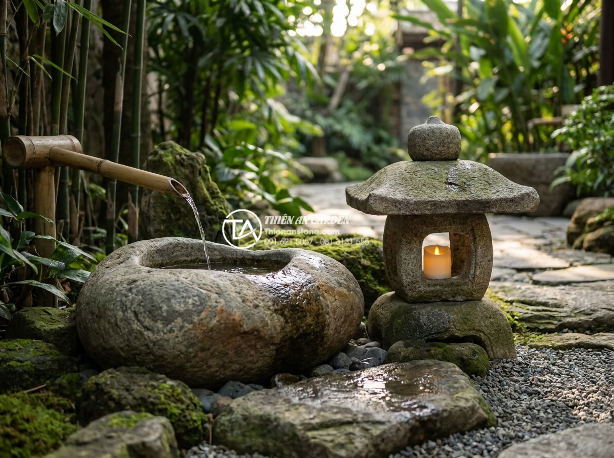 Bồn nước Tsukubai và đèn đá: Linh hồn của tiểu cảnh thiền Nhật Bản - Integrated design of Tsukubai basin and Japanese stone lanterns in a complete Ze