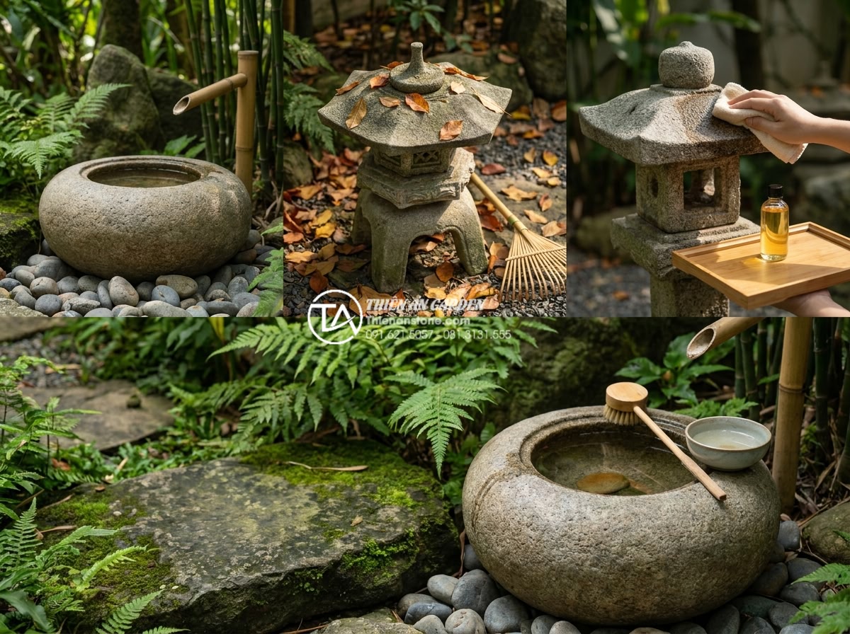Bồn nước Tsukubai và đèn đá: Linh hồn của tiểu cảnh thiền Nhật Bản - Maintenance tips illustrated for Tsukubai basins and Japanese stone lanterns, sh