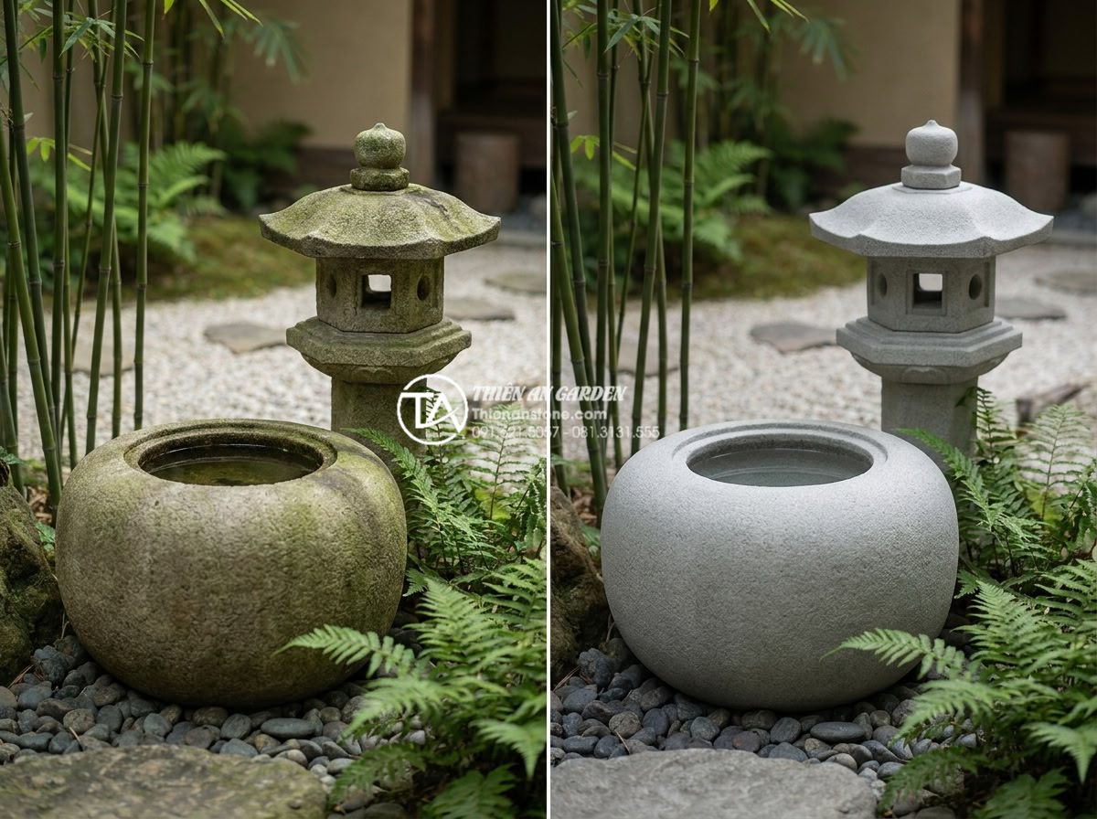 Bồn nước Tsukubai và đèn đá: Linh hồn của tiểu cảnh thiền Nhật Bản - Long-term care demonstration for Zen garden water basins and lanterns, featuring