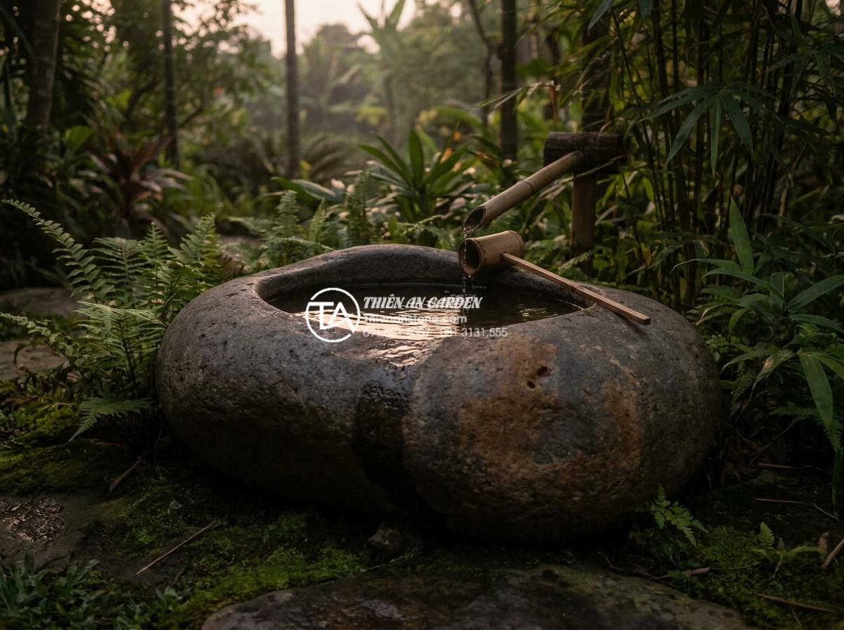 Bồn nước Tsukubai và đèn đá: Linh hồn của tiểu cảnh thiền Nhật Bản - Artistic representation of Tsukubai in a Japanese-inspired garden at dusk, with 