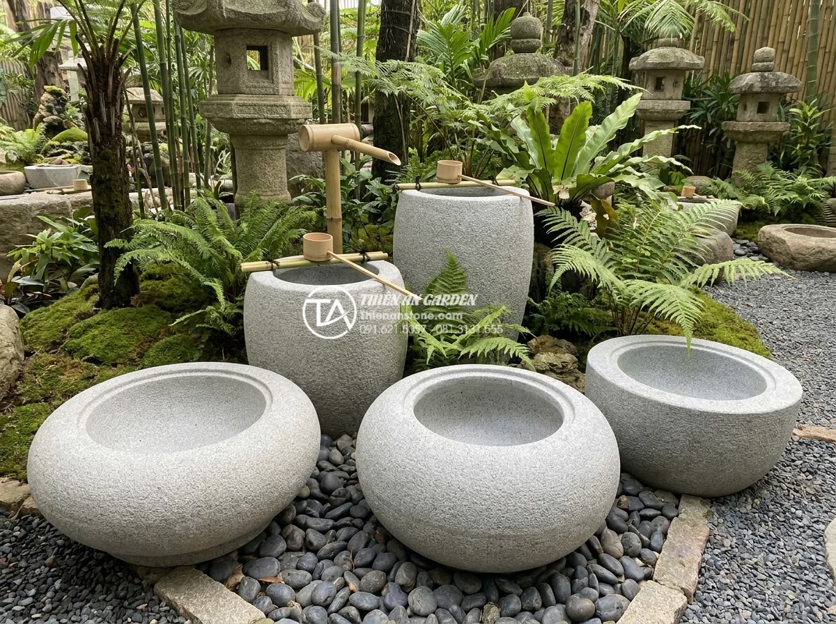 Bồn nước Tsukubai và đèn đá: Linh hồn của tiểu cảnh thiền Nhật Bản - Detailed collection of popular Tsukubai water basins in various natural stone fi
