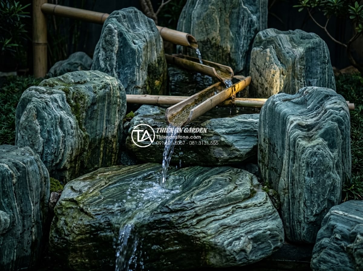 Cách bố trí đèn LED cho tiểu cảnh thác nước ống tre lung linh về đêm - Close-up professional lighting setup on a bamboo waterfall feature at night, sho