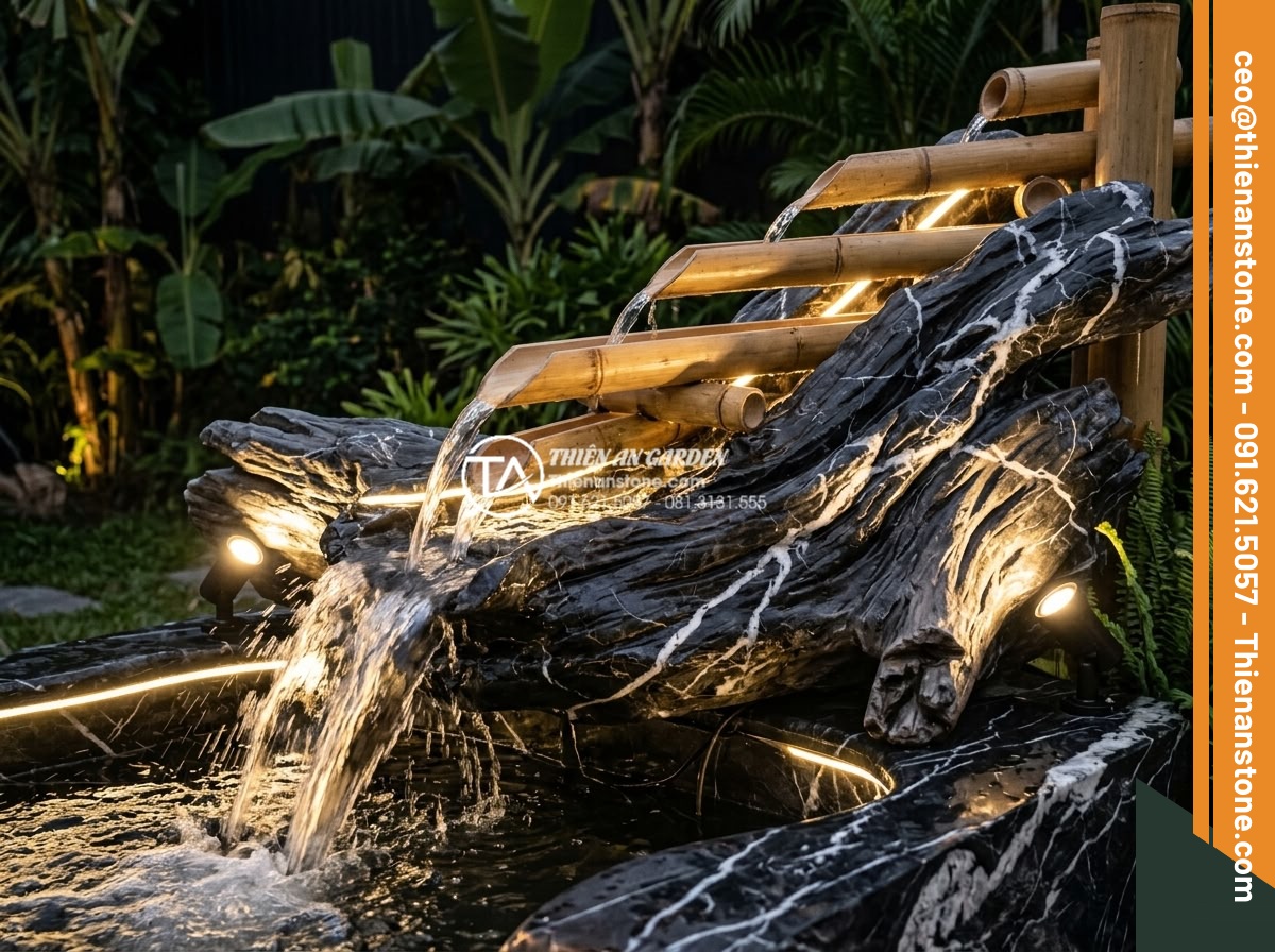 Cách bố trí đèn LED cho tiểu cảnh thác nước ống tre lung linh về đêm - Strategic three-dimensional LED lighting layout on a bamboo waterfall small land