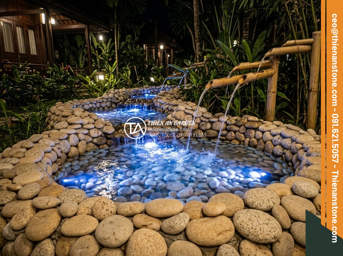 Cách bố trí đèn LED cho tiểu cảnh thác nước ống tre lung linh về đêm - Underwater LED lighting effect on a flowing bamboo pipe waterfall at night, with