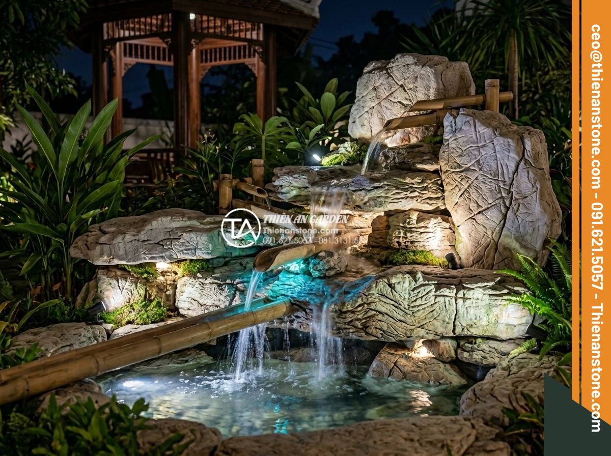 Cách bố trí đèn LED cho tiểu cảnh thác nước ống tre lung linh về đêm - Harmonious integration of LED lighting with natural carved stone, non-bo rockery