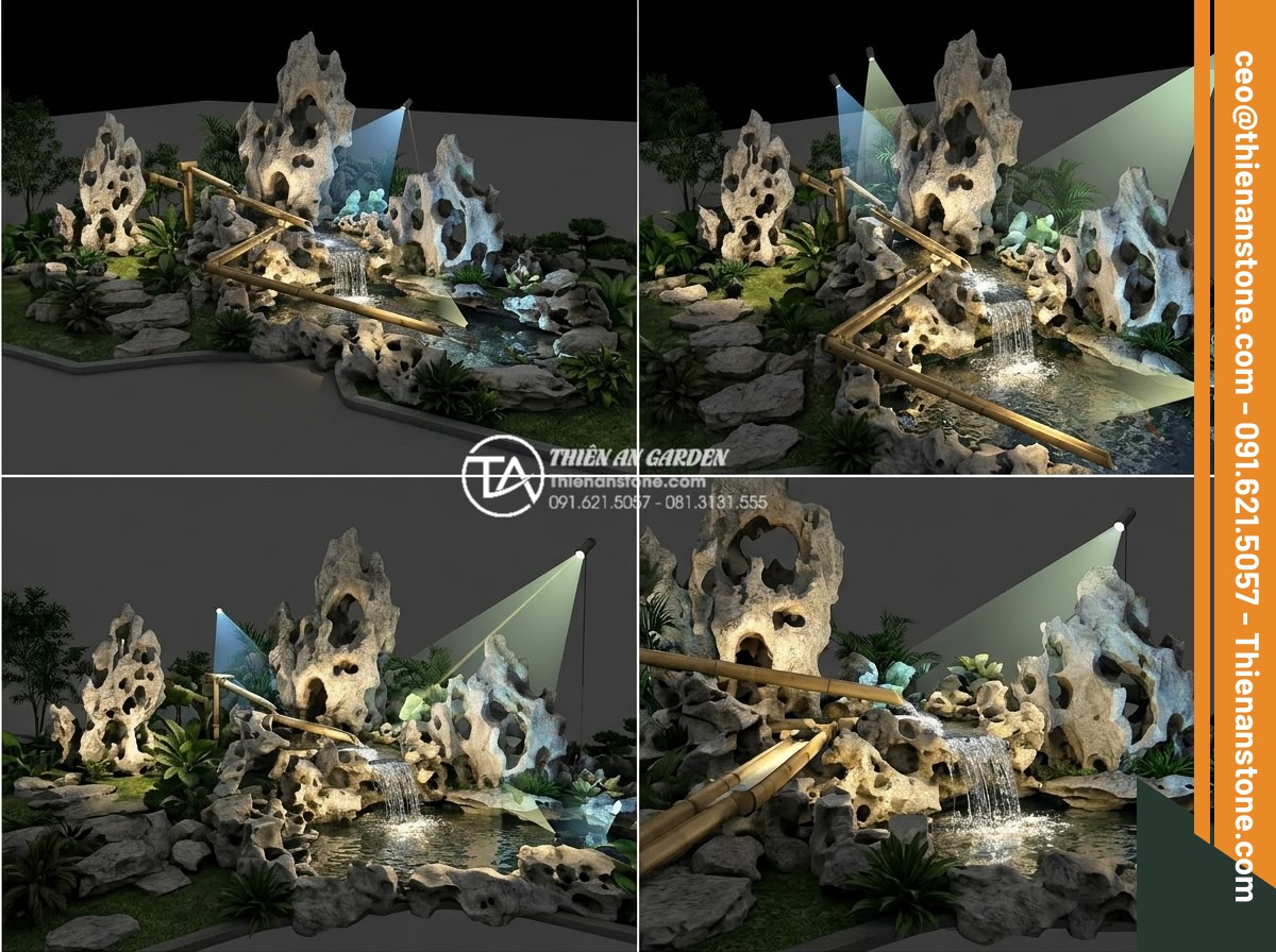 Cách bố trí đèn LED cho tiểu cảnh thác nước ống tre lung linh về đêm - 3D technical rendering and lighting simulation of a bamboo pipe waterfall landsc