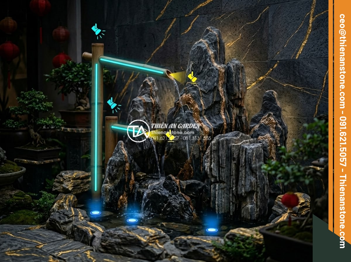 Cách bố trí đèn LED cho tiểu cảnh thác nước ống tre lung linh về đêm - Optimal LED placement diagram for a bamboo waterfall small landscape at night, i