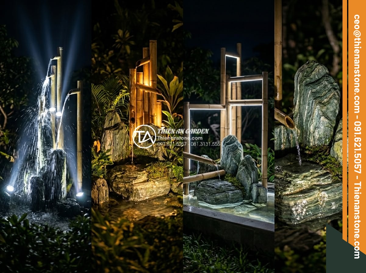 Cách bố trí đèn LED cho tiểu cảnh thác nước ống tre lung linh về đêm - Four popular LED lighting design concepts for bamboo pipe waterfall landscapes a