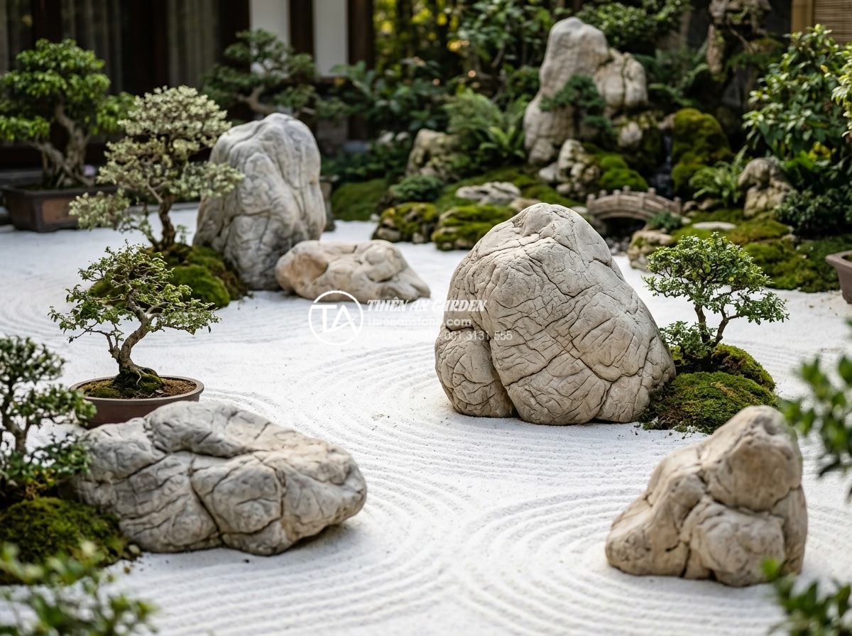 Cách chọn hình dáng đá tiểu cảnh thiền theo ngũ hành phong thủy - Serene Japanese zen garden featuring large smooth rounded natural stones arrange