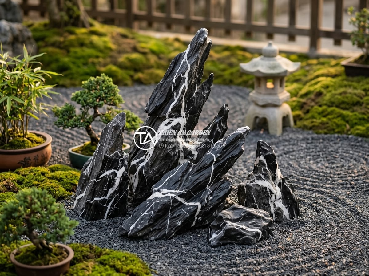 Cách chọn hình dáng đá tiểu cảnh thiền theo ngũ hành phong thủy - Sharp angular red and orange natural stones for Fire element, positioned dramati