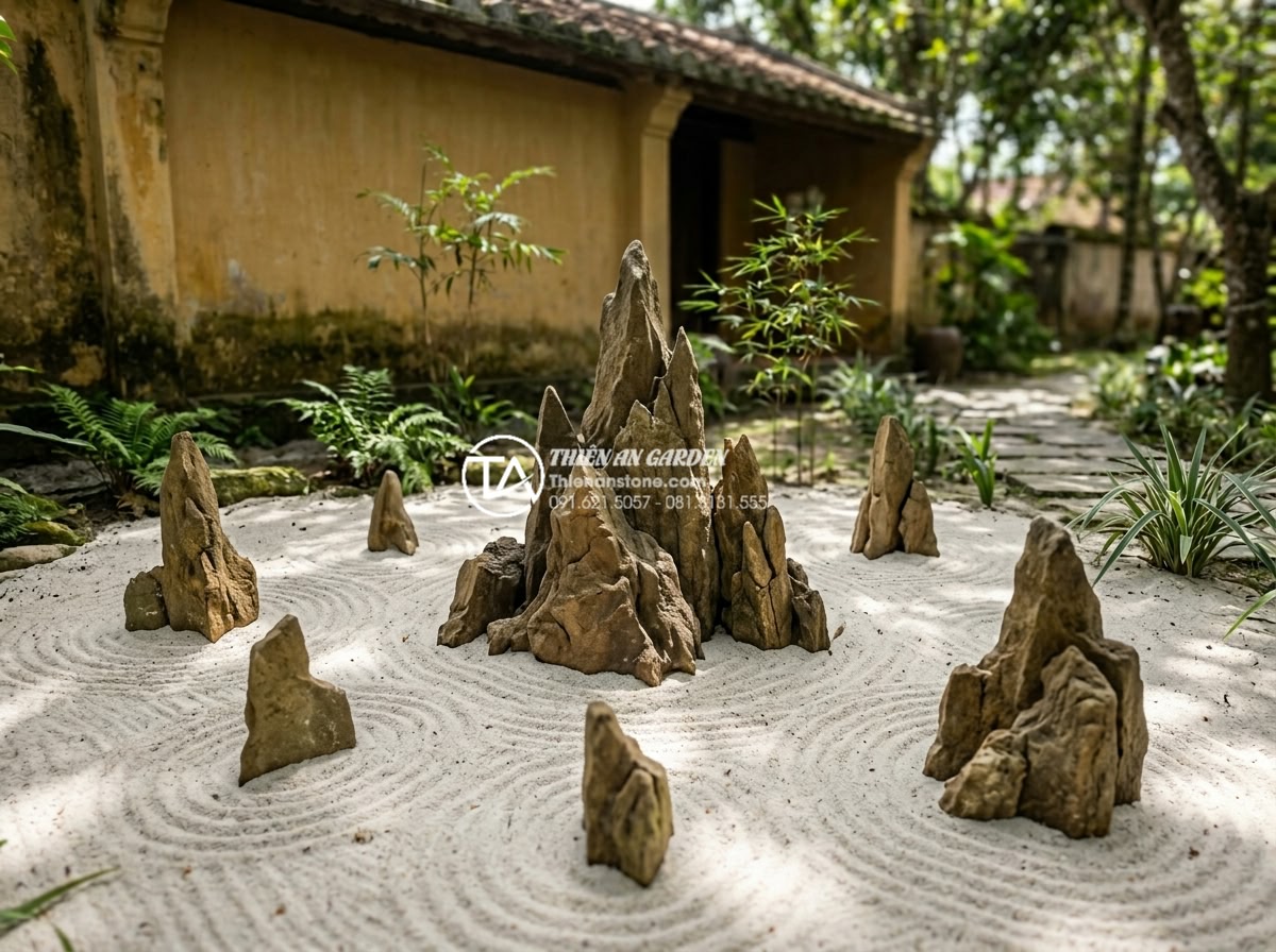 Cách chọn hình dáng đá tiểu cảnh thiền theo ngũ hành phong thủy - Dynamic zen garden with pointed Fire element rocks creating focal points among s