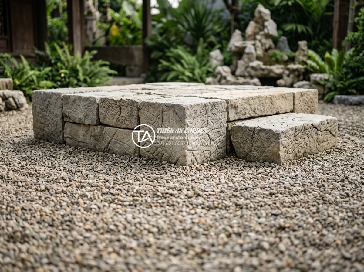 Cách chọn hình dáng đá tiểu cảnh thiền theo ngũ hành phong thủy - Square and blocky earthy brown stones representing Earth element, forming stable