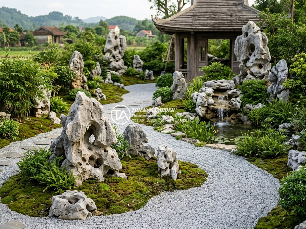 Cách chọn hình dáng đá tiểu cảnh thiền theo ngũ hành phong thủy - Wide angle view of a modern Vietnamese zen garden with carefully selected natura