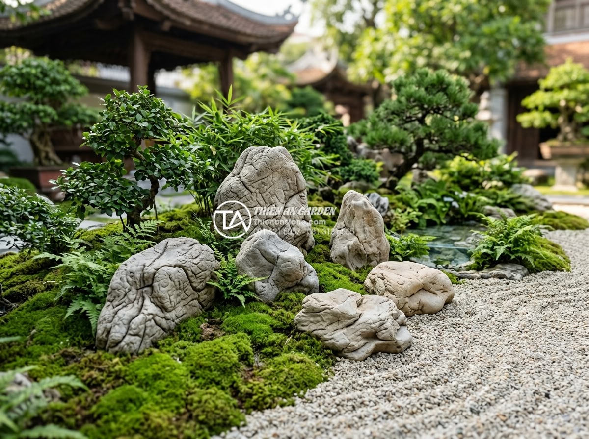 Cách chọn hình dáng đá tiểu cảnh thiền theo ngũ hành phong thủy - Long-term preserved natural stones in a thriving zen garden after years of prope