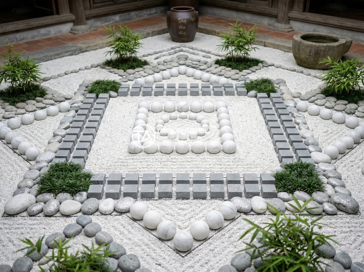 Cách chọn hình dáng đá tiểu cảnh thiền theo ngũ hành phong thủy - Elegant zen garden stones with metallic white and gray tones, perfectly round an