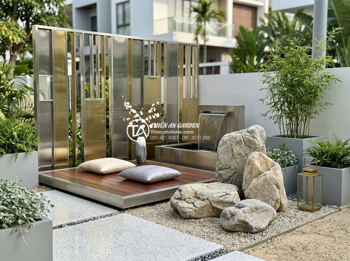 Cách chọn hình dáng đá tiểu cảnh thiền theo ngũ hành phong thủy - Luxurious zen meditation corner with high-quality natural stones chosen for Meta