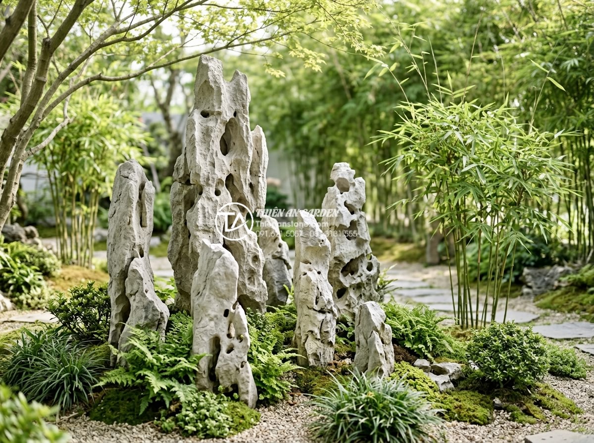 Cách chọn hình dáng đá tiểu cảnh thiền theo ngũ hành phong thủy - Tall elongated natural stones in shades of green and brown representing Wood ele
