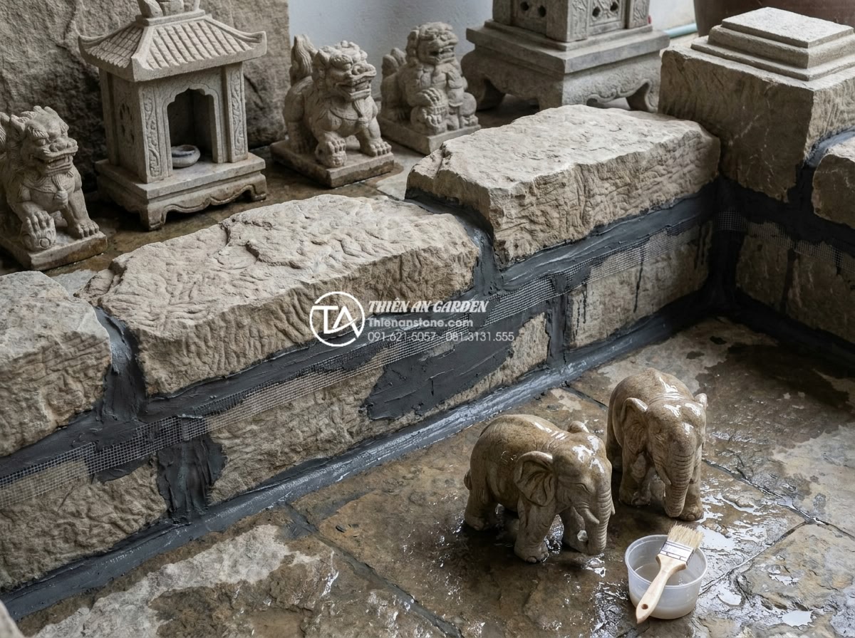 Cách khắc phục tình trạng thấm nước khi làm tiểu cảnh làng quê trong nhà - Hình 5 Cách khắc phục tình trạng thấm nước khi làm tiểu cảnh làng quê trong nhà - Detailed repair process of waterproofing around Koi pond and stone carving eleme