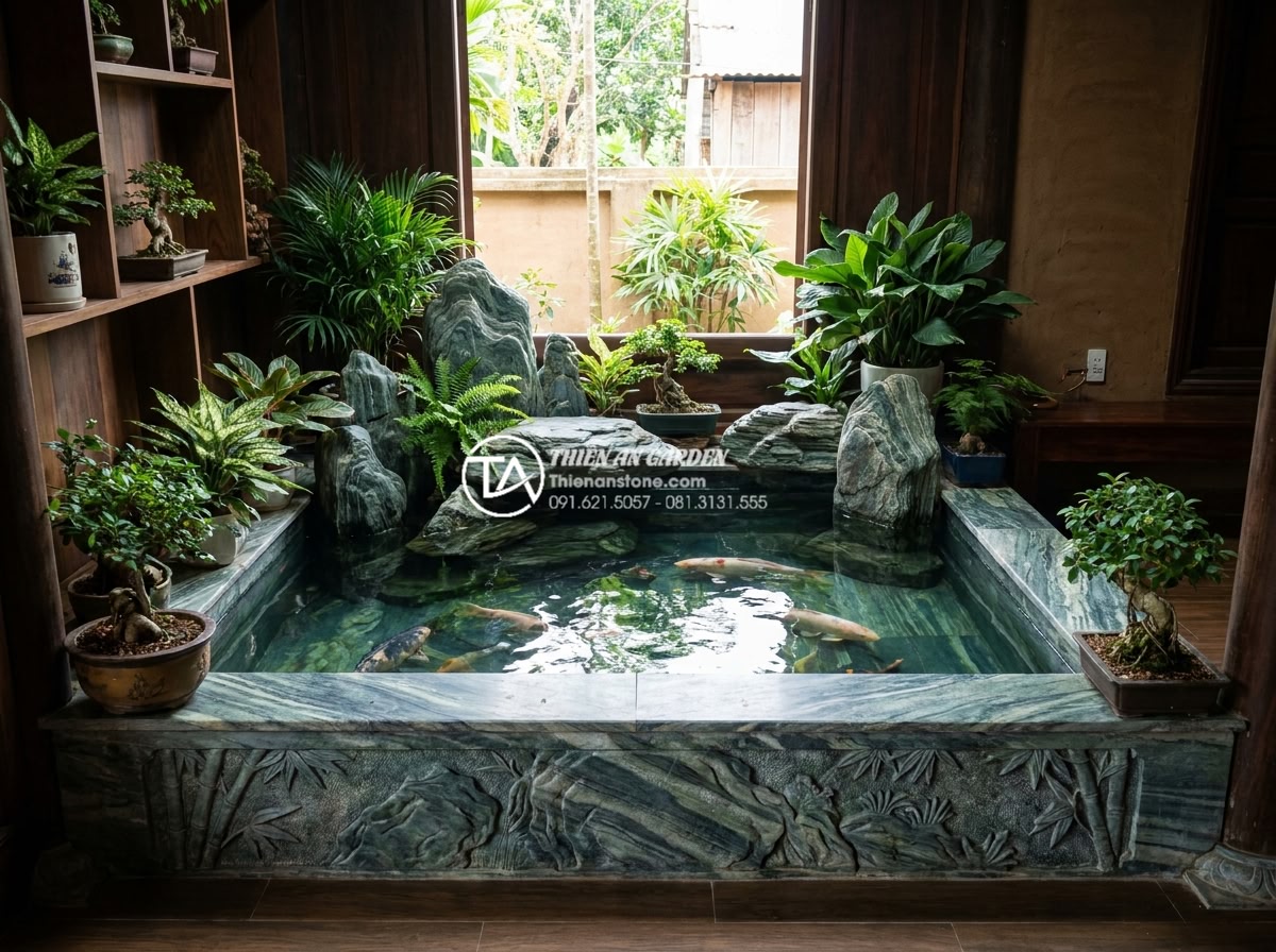 Cách khắc phục tình trạng thấm nước khi làm tiểu cảnh làng quê trong nhà - Hình 9 Cách khắc phục tình trạng thấm nước khi làm tiểu cảnh làng quê trong nhà - Elegant finished indoor rural Vietnamese village landscape with crystal clear Ko