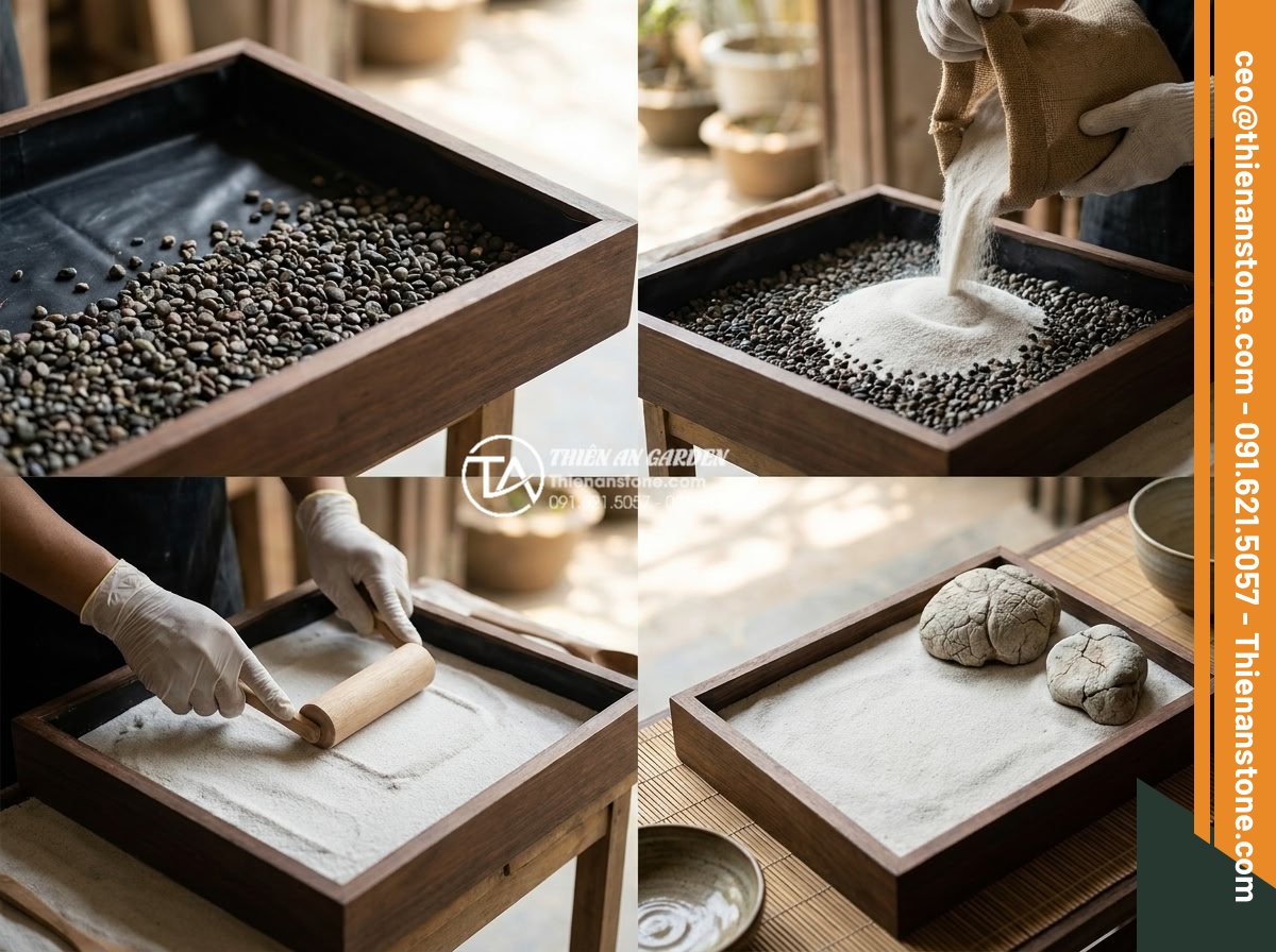 Cách làm tiểu cảnh thiền mini tại nhà chỉ với 7 bước đơn giản - Hình 6 Cách làm tiểu cảnh thiền mini tại nhà chỉ với 7 bước đơn giản - Step-by-step zen garden base preparation: wooden tray with waterproof liner, lay
