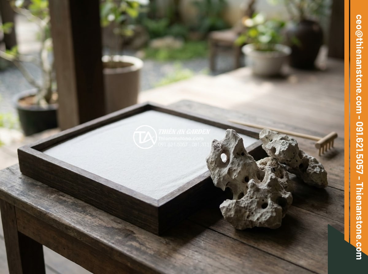 Cách làm tiểu cảnh thiền mini tại nhà chỉ với 7 bước đơn giản - Hình 14 Cách làm tiểu cảnh thiền mini tại nhà chỉ với 7 bước đơn giản - Perfectly level white sand base in zen garden tray ready for raking, smooth even