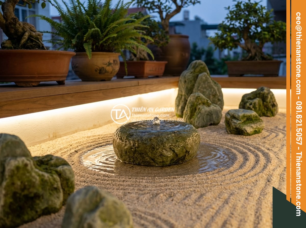 Cách làm tiểu cảnh thiền mini tại nhà chỉ với 7 bước đơn giản - Hình 8 Cách làm tiểu cảnh thiền mini tại nhà chỉ với 7 bước đơn giản - Zen garden with miniature water feature: small fountain creating gentle ripples
