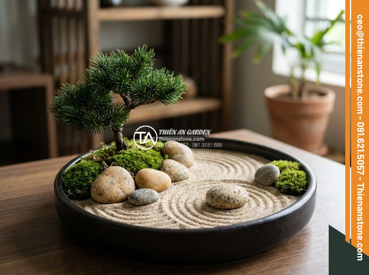 Cách làm tiểu cảnh thiền mini tại nhà chỉ với 7 bước đơn giản - Hình 19 Cách làm tiểu cảnh thiền mini tại nhà chỉ với 7 bước đơn giản - Finished miniature zen garden with green moss patches, small bonsai tree, raked