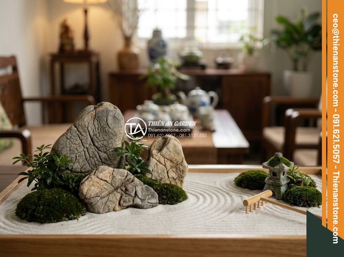 Cách làm tiểu cảnh thiền mini tại nhà chỉ với 7 bước đơn giản - Hình 9 Cách làm tiểu cảnh thiền mini tại nhà chỉ với 7 bước đơn giản - Beautiful completed DIY zen garden on wooden table with balanced elements: white