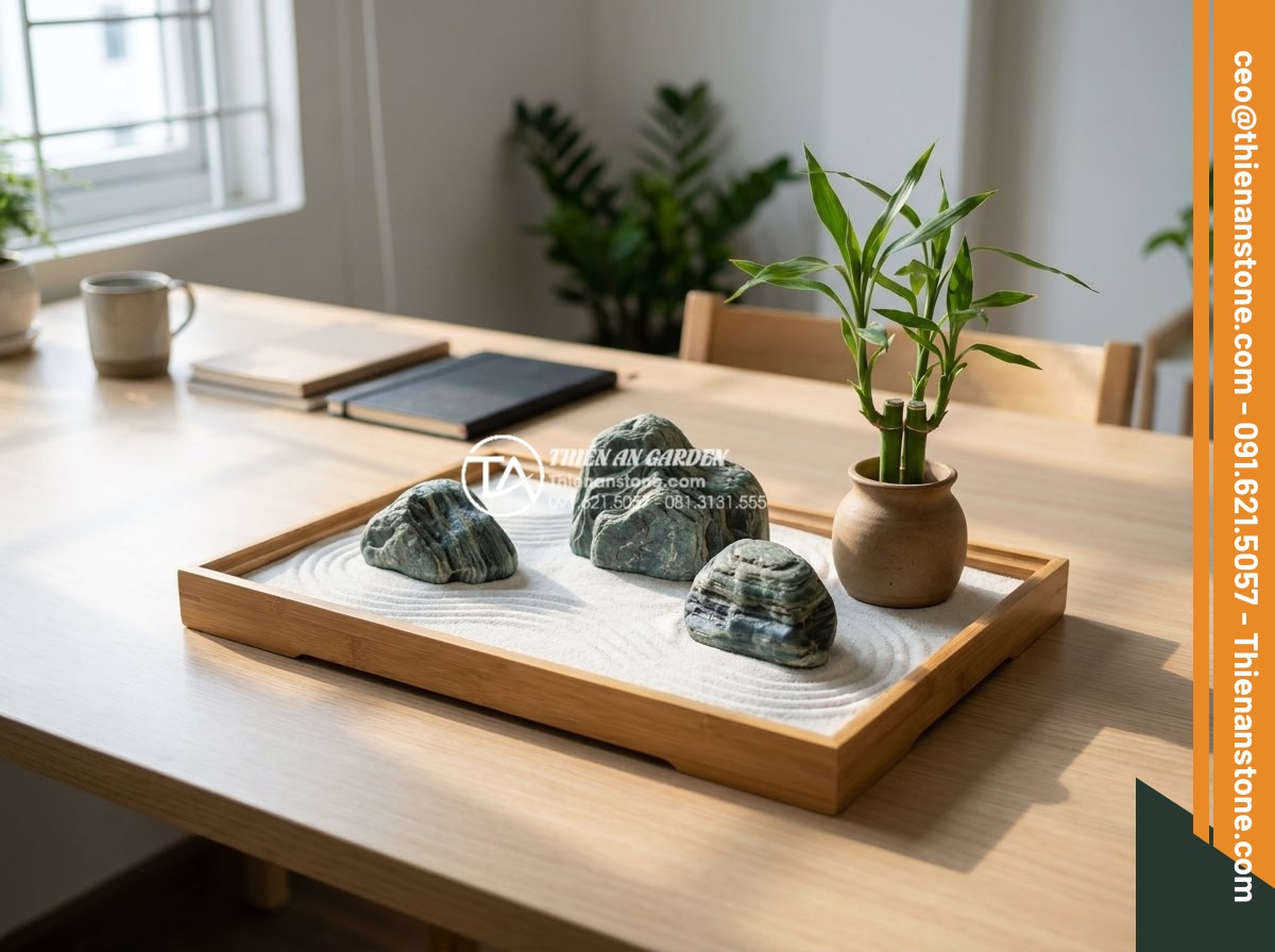 Cách làm tiểu cảnh thiền mini tại nhà chỉ với 7 bước đơn giản - Hình 3 Cách làm tiểu cảnh thiền mini tại nhà chỉ với 7 bước đơn giản - Beautiful minimalist zen garden setup on a modern wooden desk in a bright home o