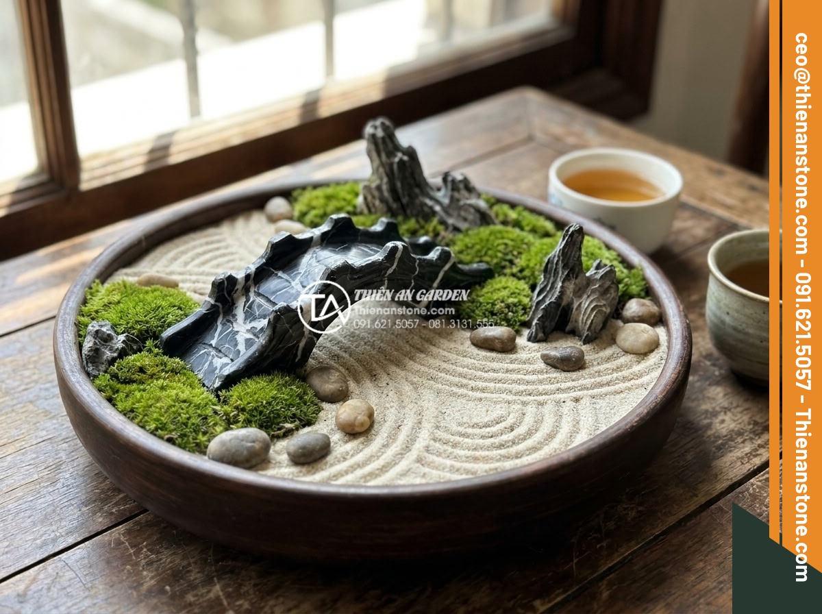 Cách làm tiểu cảnh thiền mini tại nhà chỉ với 7 bước đơn giản - Hình 2 Cách làm tiểu cảnh thiền mini tại nhà chỉ với 7 bước đơn giản - Serene indoor miniature zen garden with raked sand patterns, smooth river pebble