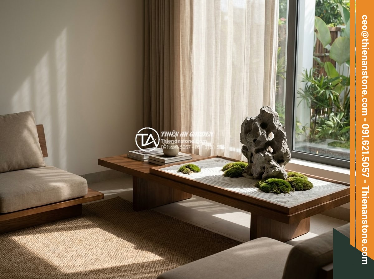 Cách làm tiểu cảnh thiền mini tại nhà chỉ với 7 bước đơn giản - Hình 7 Cách làm tiểu cảnh thiền mini tại nhà chỉ với 7 bước đơn giản - Modern home interior showing ideal placement of miniature zen garden on a wooden