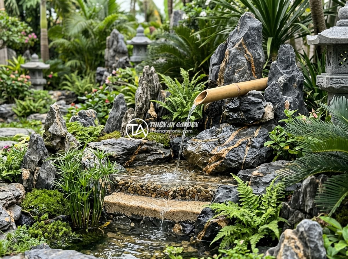 Cách tạo hệ thống lọc nước tự nhiên cho tiểu cảnh ống tre lu nước - A serene Vietnamese rock garden featuring a bamboo water pipe landscape with cry